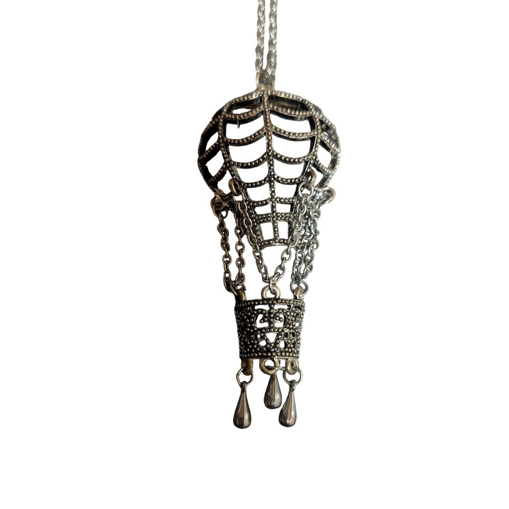Antique Silver Steampunk Hot Air Balloon Pendant Long Chain Necklace Whimsical